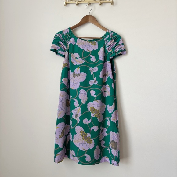 Tibi Jade Silk Dress 8 Shift Green Purple Floral Print - Picture 1 of 10